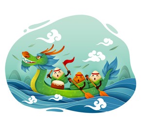 dragon boat festival with rice dumpling cartoon character and dragon boat on water.