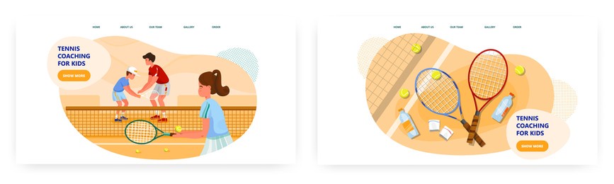 kids tennis club landing page design, website banner vector templates. coach teaching children to play tennis on court.