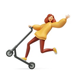 3d render, cartoon character young redhead woman wears yellow hoodie and red trousers, rides electric scooter, makes extreme tricks. modern urban transport clip art isolated on white background