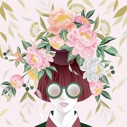 vector illustration of a short-haired girl with floral headdress. design for picture frame, poster, greeting card, and invitation
