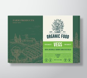 premium quality food mock up. organic vector packaging label design on a cardboard box container. modern typography and hand drawn vegetables, herbs and rural landscape sketch background layout.