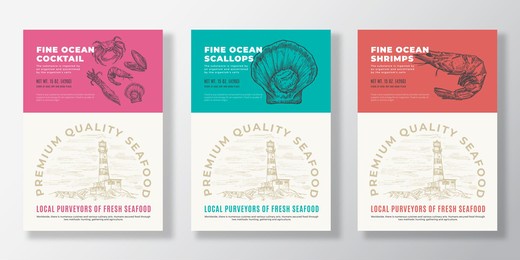 seafood vector packaging design or label templates set. ocean and sea products banners. modern typography and hand drawn lobster, squid, crab and mussel shell silhouettes backgrounds layout collection