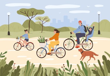 family on bikes. parents and kids riding bikes. active family cycling in city park. summer outdoor recreation, sports activity vector illustration. people having healthy lifestyle, leisure time