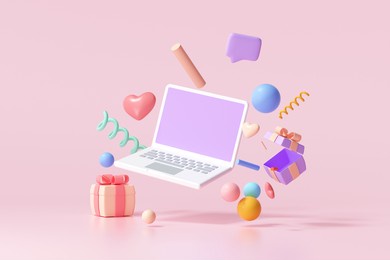 floating laptop blank screen with gift, heart, ribbon and geometric shapes on pink background 