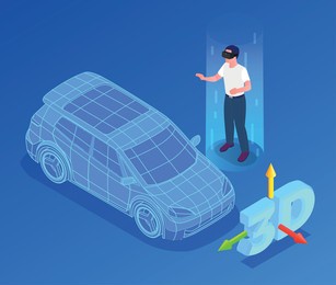 car designer profession isometric with 3d model and vr symbols vector illustration