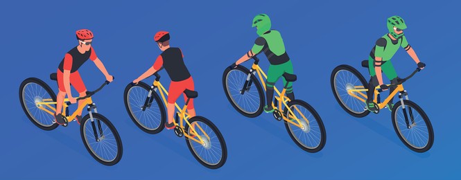 sport cycling isometric set with isolated images different angle views of bike riders wearing protective equipment vector illustration