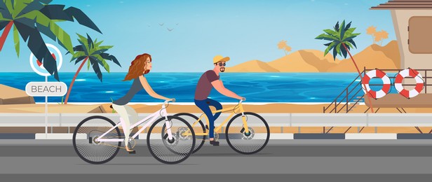 man and woman cycling in tropical sand beach. young people friend riding bicycle. children playing ball on other bay side. vacation on exotic resort. outdoor sport and recreation. vector illustration