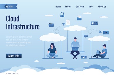 cloud infrastructure, landing page template. cloud computing, remote work on company. technology to connect business people. office workers working with laptops on swing. online teamwork. flat vector