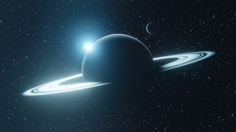 view from the shadow zone of a ringed planet and a nearby satellite orbiting a star in the middle of the cosmos. science fiction scene. 3d rendering