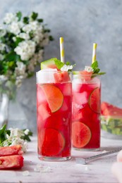 summer watermelon refreshing drink with lime and soda. delicious cocktail cold fruit drinks