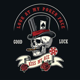 gambling vintage colorful label with rose flowers casino chip skull smoking cigar in top hat with ace of spades playing card isolated vector illustration