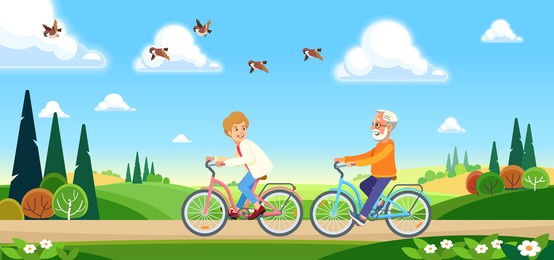 elderly couple spends time outdoors. cartoon vector illustration of happy senior man and woman cycling in the background of a beautiful summer landscape. grandfather and grandmother riding a bicycle.