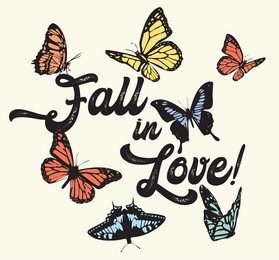 romantic cute colorful butterflies illustration print with inspirational slogan text for girl - kids tee t shirt - vector