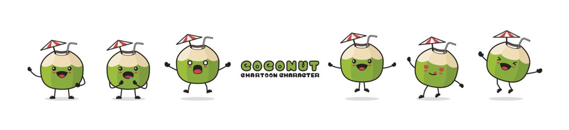 vector illustration of a cartoon character of a green coconut fruit with different poses