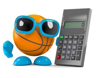 3d render of a basketball character with a calculator