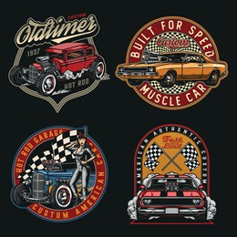 custom cars vintage colorful emblems with muscle and hot rods automobiles crossed checkered race flags pretty winking woman in uniform holding spanner isolated vector illustration