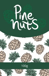 vector packaging template for pine nuts. vector pattern with cedar cones and cedar branches. siberian cedar. pine nuts. hand draw lettering "pine nut".
