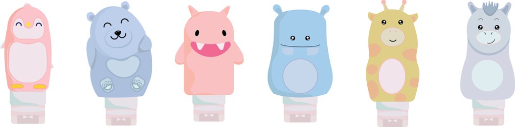 shampoo bottles, hand cream package set of cute animals for children's room, packaging of children's goods, penguin, cow, monster, alien, donkey, creative cartoon characters