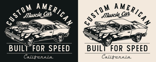 custom car vintage print in monochrome style with letterings and american muscle car with flame decal isolated vector illustration
