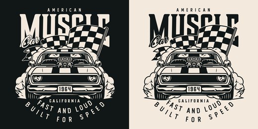 custom muscle car vintage monochrome label with checkered race flag inscriptions and powerful american retro automobile isolated vector illustration