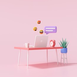 3d table and laptop with bubbles chat and emojis for work from home and online chatting concept. 3d render illustration