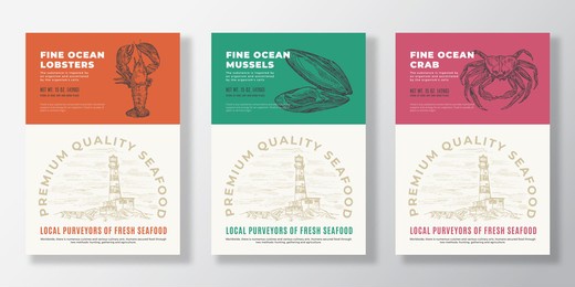 seafood vector packaging design or label templates set. ocean and sea products banners. modern typography and hand drawn lobster, crab and mussel shell silhouettes backgrounds layout collection.