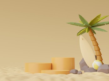 3d render of abstract minimal  display podium for showing products or cosmetic presentation with summer beach scene. summer time season for vacation concept.