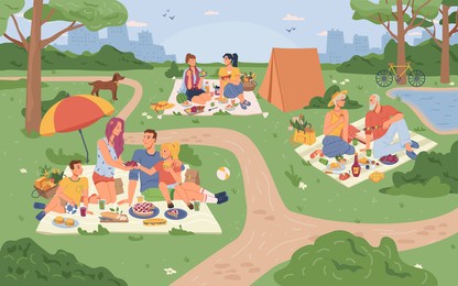 people on picnic in city park having fun together. cartoon families sitting on blankets and enjoying food and drinks, parents and children, dog pet animal. girl friends and elderly couple