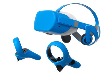 virtual reality glasses and controllers for online and cloud gaming on white background. 3d rendering of device for virtual design in augmented reality or virtual gaming in vr