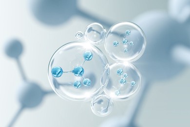 molecule inside liquid bubble, 3d illustration.