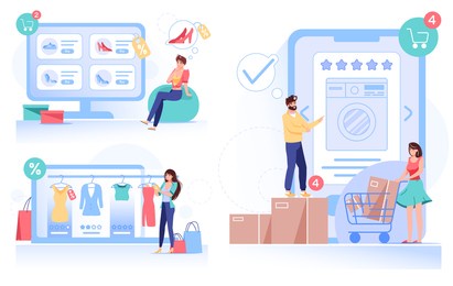 people customer shopping online at internet electronics store, fashion clothing boutique via smartphone, laptop, computer. woman buyer ordering fast on time delivery service for purchased goods
