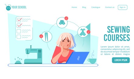 online sewing courses, dressmaking tailoring fashion design school or clothes modeling class. confused thoughtful woman studying on laptop learning new profession. presentation landing page template