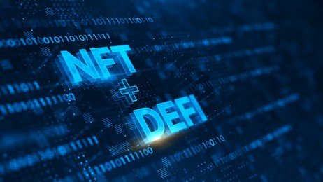 nft nonfungible tokens and defi - decentralized finance concept on dark blue background. concept of blockchain, decentralized financial system. 3d rendering