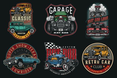 custom cars vintage colorful labels with classic retro automobiles muscle and lowrider cars turbo engine checkered race flag skeleton in baseball cap driving hot rod isolated vector illustration
