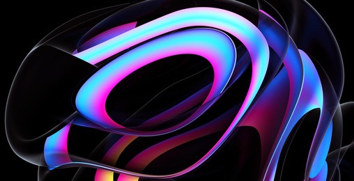 3d render of abstract art part of surreal 3d ball or sphere in curve wavy round and spherical lines forms in transparent plastic material with glowing purple neon color lines or stripes