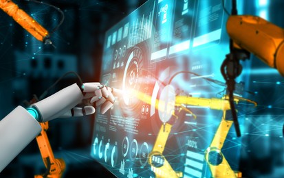 mechanized industry robot and robotic arms for assembly in factory production . concept of artificial intelligence for industrial revolution and automation manufacturing process .