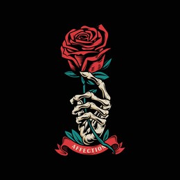 skeleton hand holding roses with ribbon above