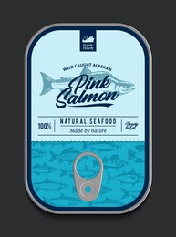 canned pink salmon label template, vector fish tin can with label cover, packaging design concept
