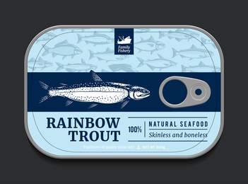 canned rainbow trout label template, vector fish tin can with label cover, packaging design concept