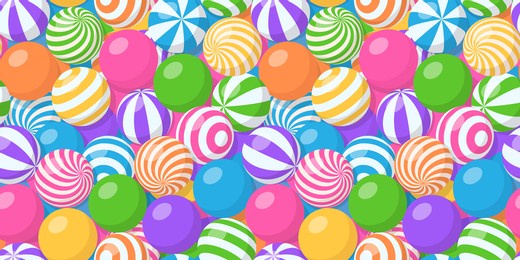 seamless pattern with pile of colorful balls, bubble gum, round candies or beach bouncy spheres. vector cartoon background with many sweet dragee or gumballs with striped and spiral pattern