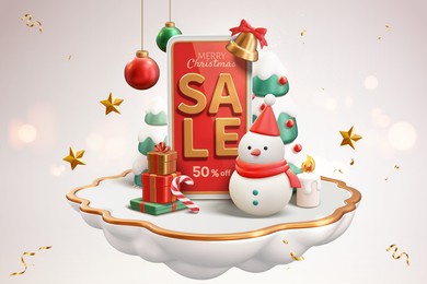 3d christmas online sale banner ad. a mobile phone with sale text on it standing with a snowman and other festive objects over a cloud shaped stage floating on a white background.