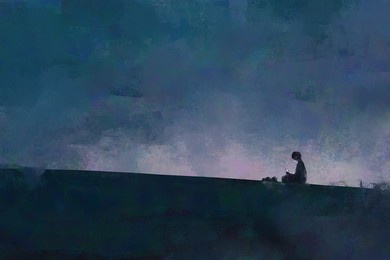 digital art painting of girl use of smartphone at night time outdoor, oil on canvas texture.