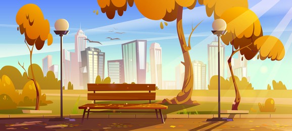 autumn park with orange trees, wooden bench, lanterns and town buildings on skyline. vector cartoon landscape with empty public garden, city, birds and sun beams