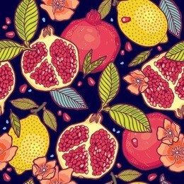tropical fruits garden at night vector pattern.