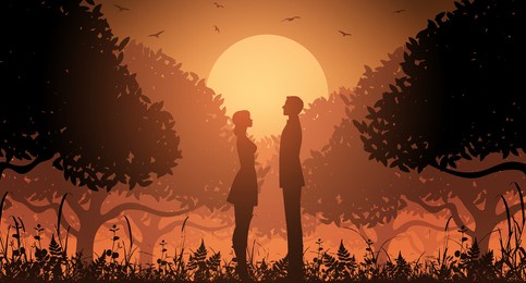 silhouette couple in a forest with trees and birds. sunset in a forest with a couple. vector illustration