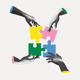 male and female hands aesthetic on light background with colored puzzles, artwork. concept of team work, business, community and professional occupation. symbolism and surrealism.