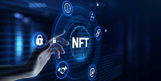 nft non-fungible token digital crypto art blockchain technology concept. hand pressing button on screen.
