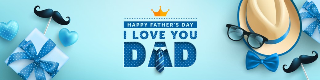 father's day poster or banner template with men hat,necktie,glasses and blue gift box.greetings and presents for father's day in flat lay styling.promotion and shopping template for love dad concept