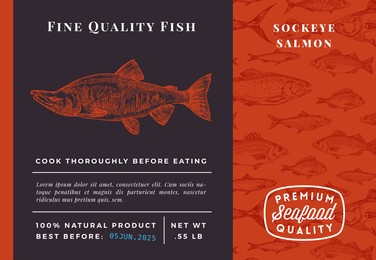 premium quality ocean sockeye salmon abstract vector packaging design or label. modern typography and hand drawn sketch fish pattern background seafood layout.