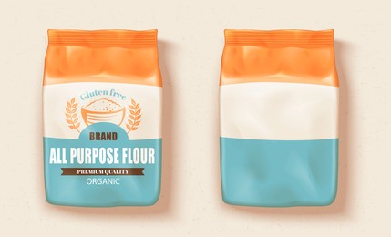 all-purpose flour package design. mockup of two packages of all-purpose flour, one with a label on it and one without